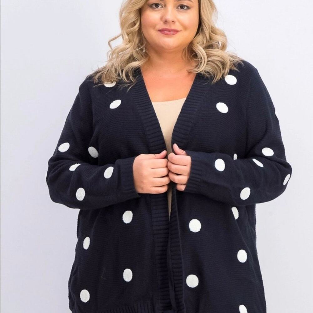 Honey Punch Polka Dot Rashanda Textured Cardigan Size 2X Navy Blue Academia Boho